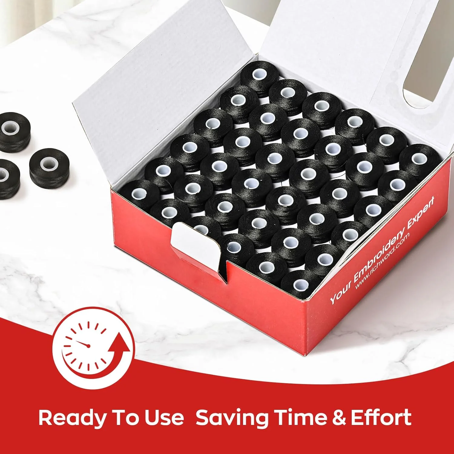 ماسوره های از پیش پر شده پولین ریچورد، 144 عدد سایز L(SA155)، نخ ماسوره پلی استر 75D/2(60WT) برای گلدوزی و چرخ خیاطی، 120 یارد (مشکی، بدون لبه)