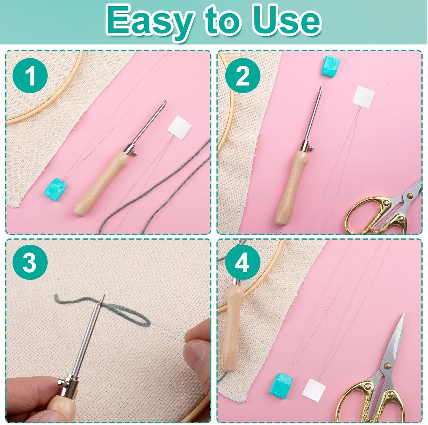 Pndeyo 8 عدد سوزن نخ کن پانچ بلند، ابزار نخ کشی سوزن پانچ، لوازم جانبی خیاطی سوزن نخ کشی با دسته پلاستیکی یا دسته کاغذی چسبنده برای گلدوزی، کوک متقاطع، صنایع دستی DIY