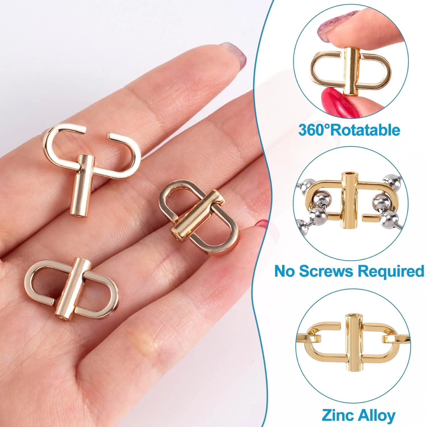 گیره کوتاه کننده زنجیر کیف Pndeyo آلیاژی 4 عددی، سگک گیره زنجیر کیف پول قابل تنظیم 360 درجه چرخان، لوازم جانبی سخت افزاری قفل کوتاه کننده گردنبند برای کوتاه کردن زنجیر کیف - طلایی