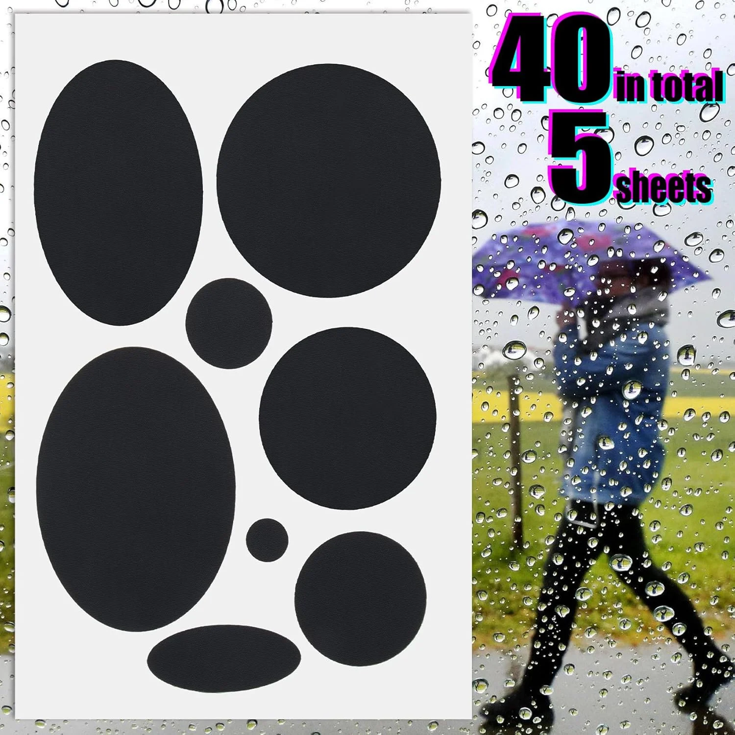 برچسب تعمیر نایلونی گرد و بیضی Pndeyo، بسته 40 عددی، برچسب تعمیر ضد آب برای کاپشن پفی، برچسب خود چسب تعمیر لباس برای چادر، کیسه خواب، شلوار اسکی، تعمیر سوراخ - مشکی