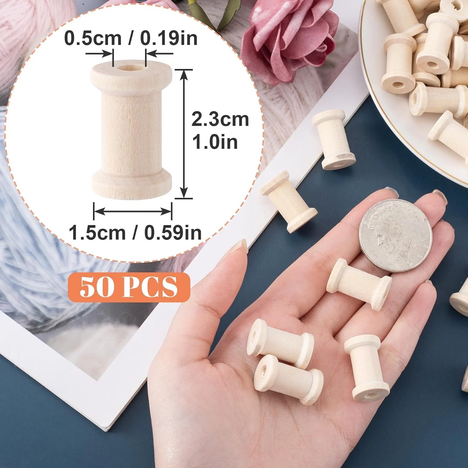 قرقره چوبی صنایع دستی Pndeyo، 50 عدد، قرقره نخ چوبی طبیعی خالی 1 اینچی، قرقره کوچک چوبی ناتمام برای سازماندهی طناب، نخ، روبان، زنجیر، نخ های الاستیک