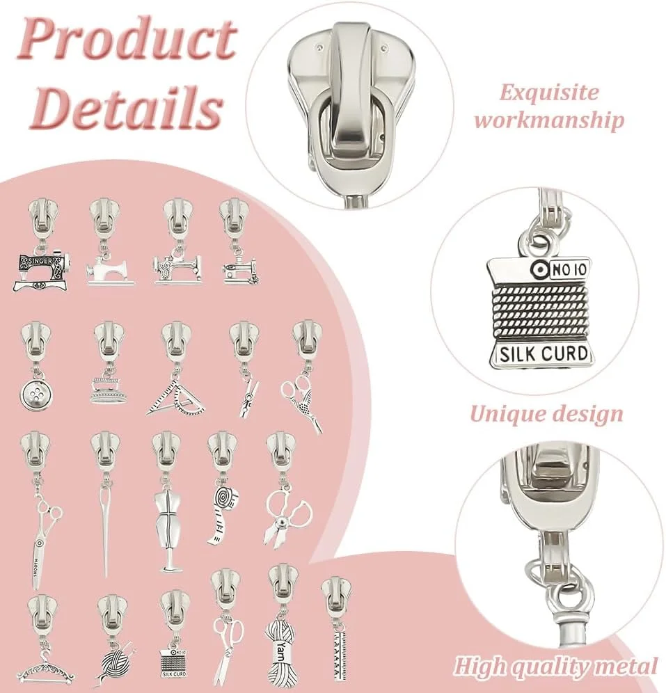 پل‌گریت 20 عدد آویز ابزار خیاطی سرزیپ برای زیپ‌های نایلونی، کیت تعمیر زیپ جهانی نقره‌ای، کیت جایگزینی زیپ برای کاپشن، کیف، لوازم خیاطی، اسلایدر فلزی فشن