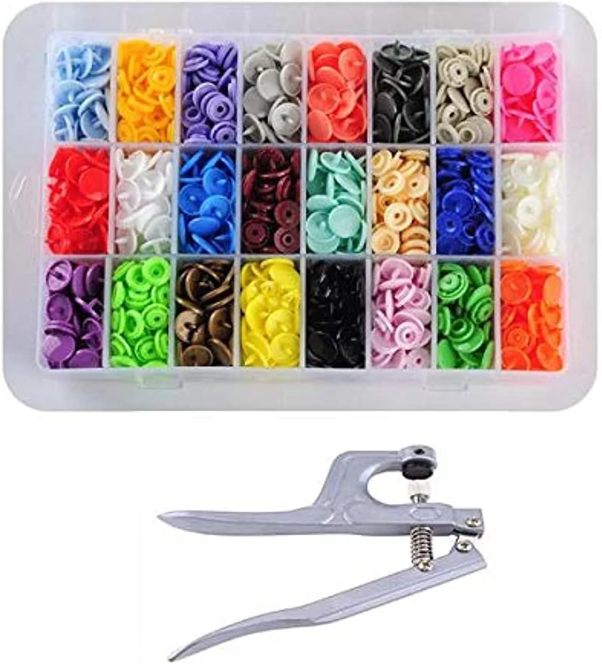 انبر دکمه فشاری به همراه 360 عدد دکمه فشاری پلاستیکی رزینی سایز T5، دکمه، ابزار انبر فلزی با سگک گیره