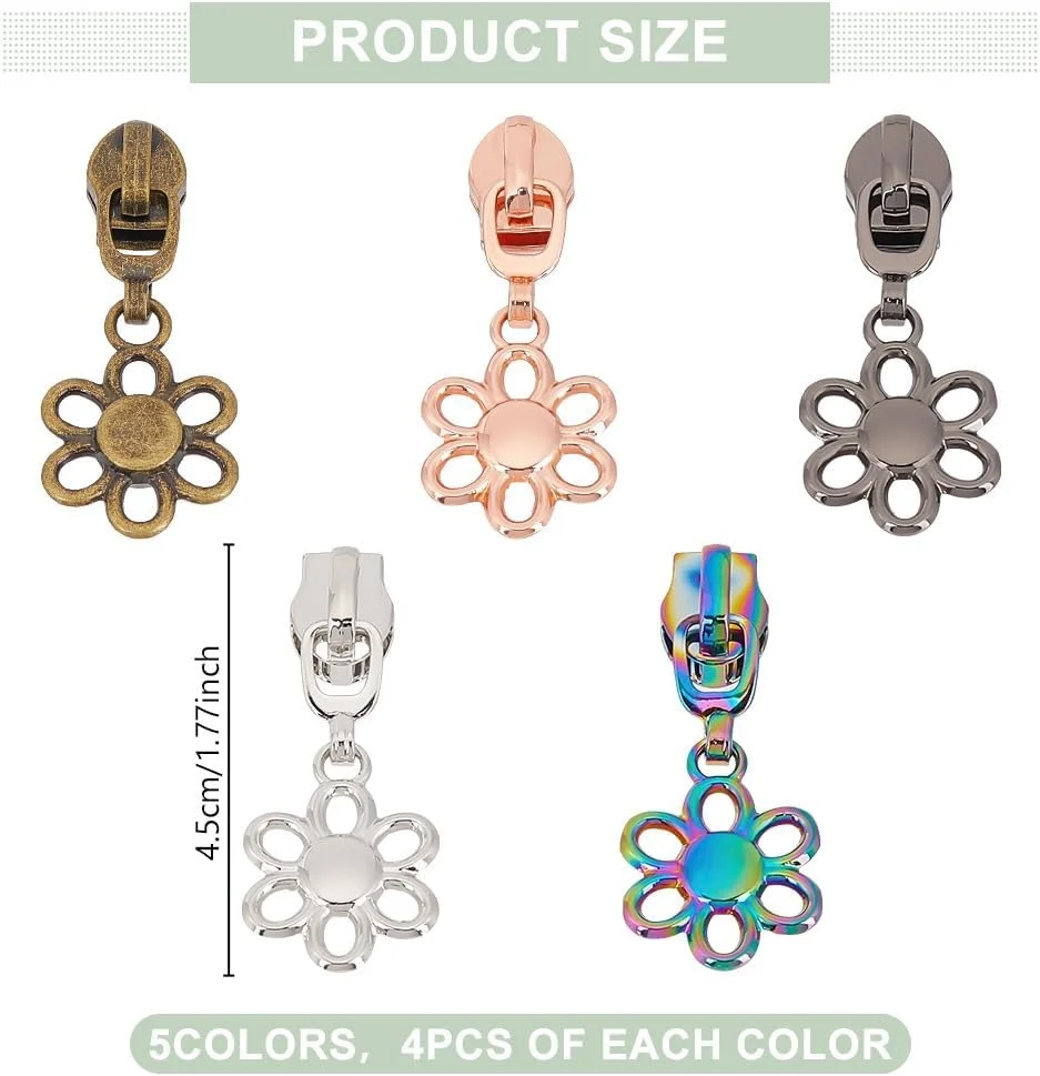 پلای گریت 20 عدد سرزیپ فلزی طرح گل، 5 عدد سرزیپ رنگین کمانی فلزی جایگزین، سرزیپ های رنگارنگ برای کاپشن، چمدان، کیف، لوازم خیاطی، سرزیپ فلزی فشن