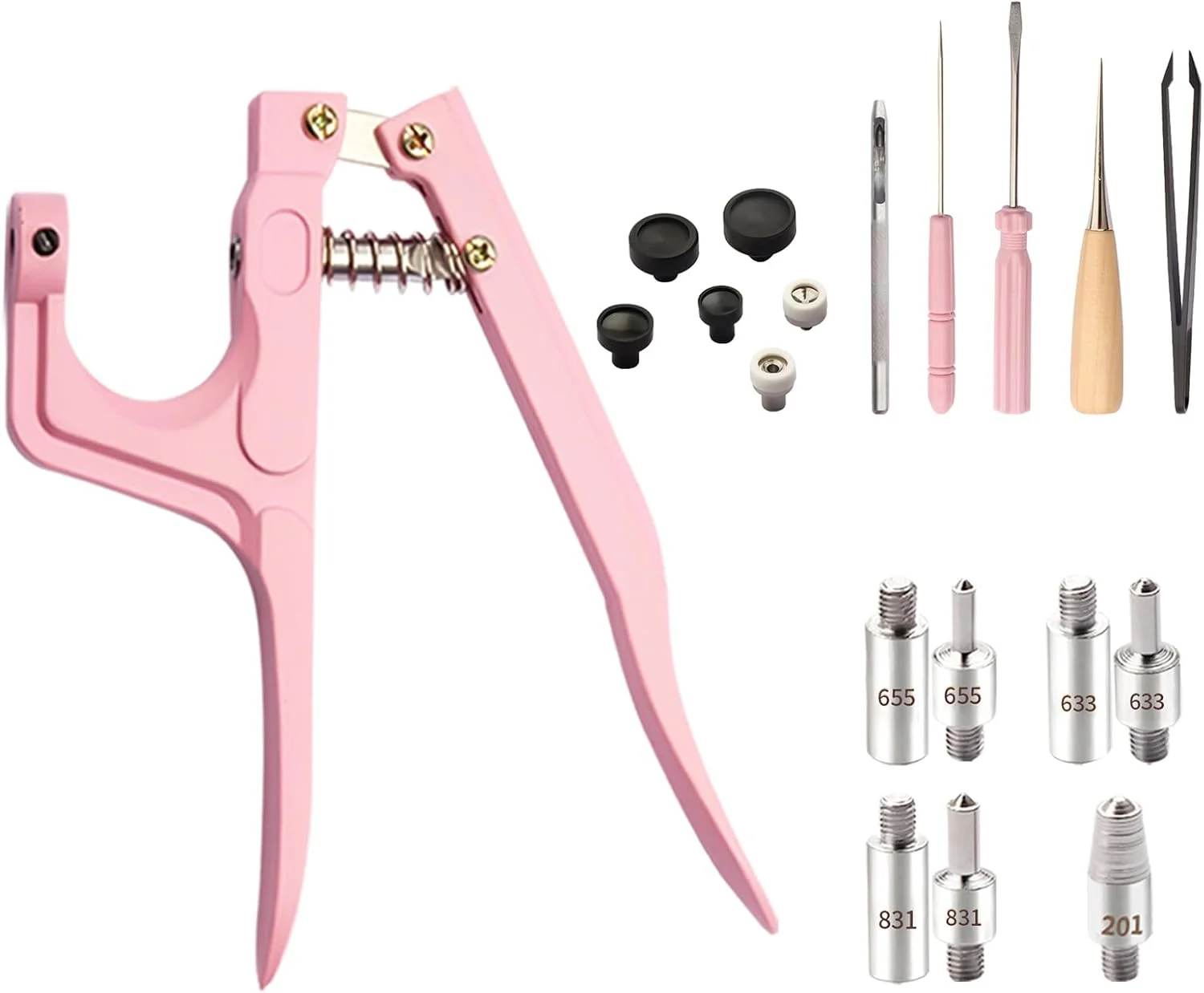 ابزار نصب دکمه فشاری به همراه 19 سری، نصب سایزهای مختلف روی سگک های فلزی #655 (10mm) #633 (12.5mm) #831 (15mm) و برای پنج چنگالی 9.5 میلی متری