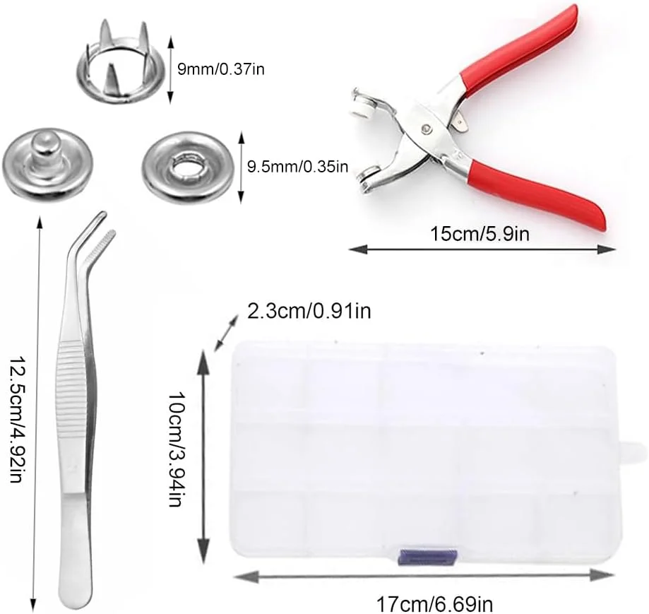 ست 100 عددی دکمه فشاری فلزی، ست دکمه فشاری به همراه انبر، ست دکمه فشاری بدون نیاز به دوخت، دکمه های فشاری فلزی، ست تعمیر دکمه، مناسب برای صنایع دستی DIY، لباس، پوشاک، کیف، به همراه موچین