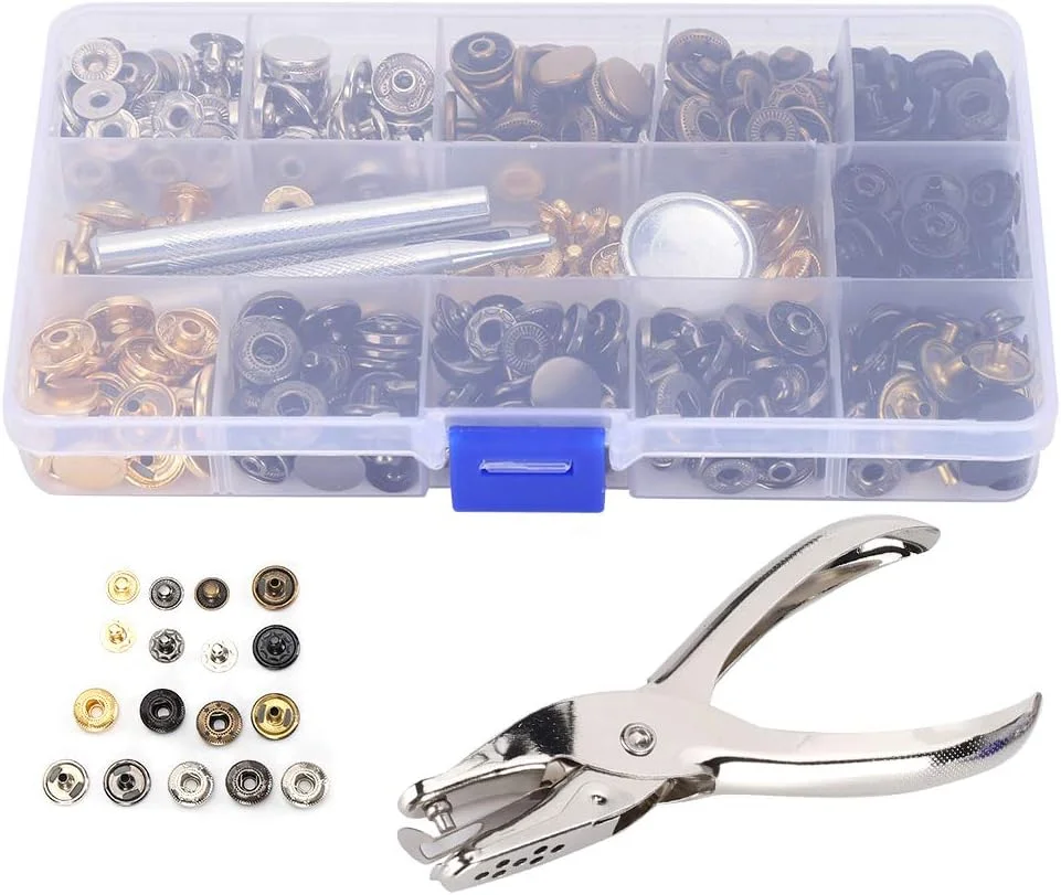 ست انبر دکمه فشاری، ابزار دکمه فشاری برای چرم، برنجی، قوی و بادوام، مجموعه 120 عددی برای کاپشن، کت، پالتو، لباس