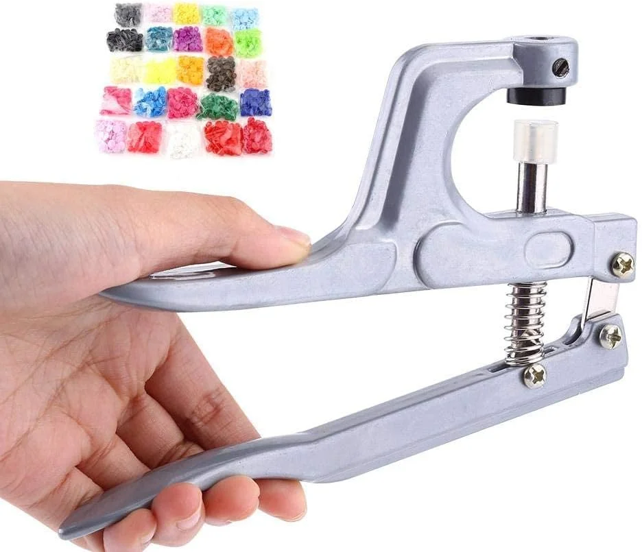 انبر دکمه فشاری به همراه 360 عدد دکمه فشاری پلاستیکی رزینی سایز T5، دکمه، ابزار انبر فلزی با سگک گیره