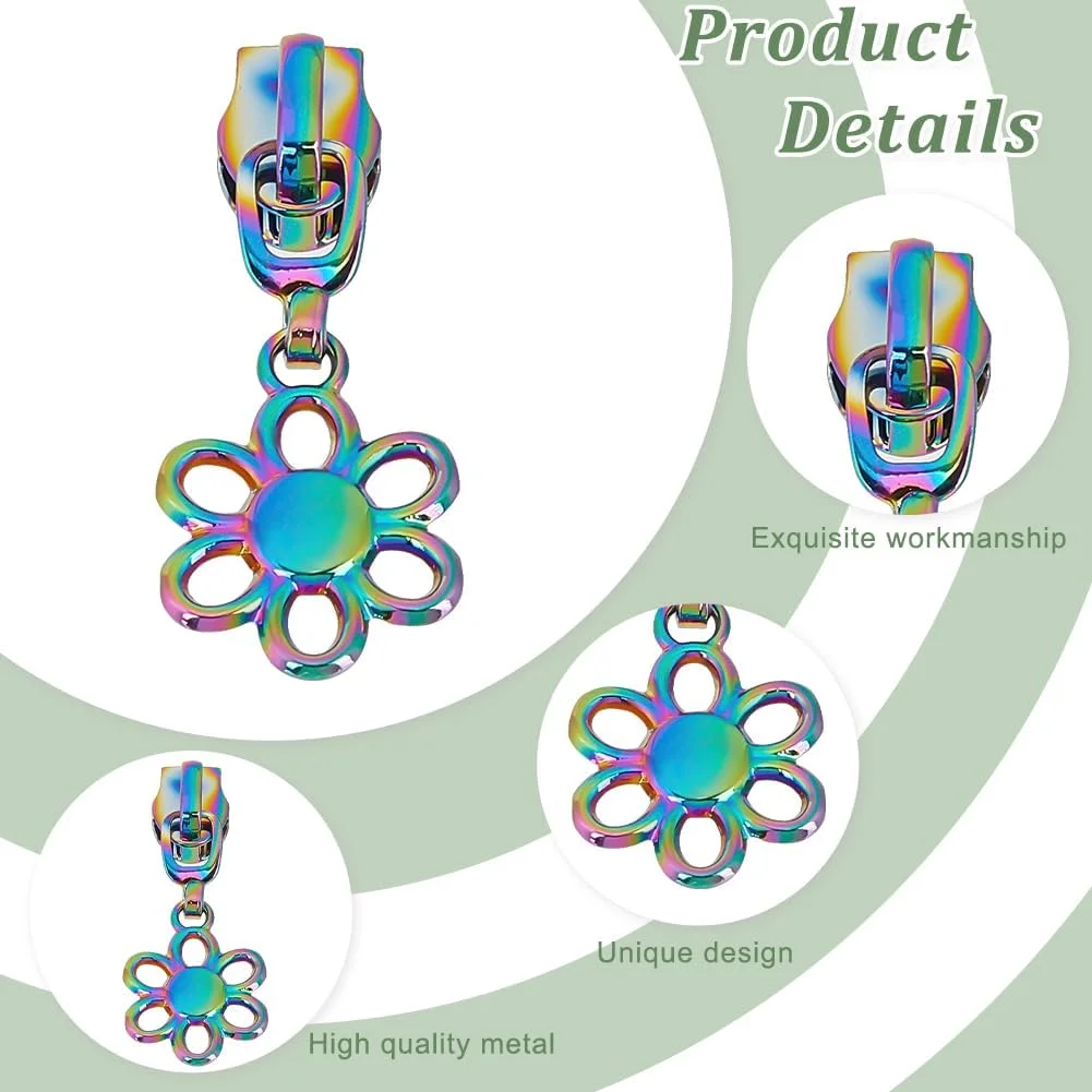 پلای گریت 20 عدد سرزیپ فلزی طرح گل، 5 عدد سرزیپ رنگین کمانی فلزی جایگزین، سرزیپ های رنگارنگ برای کاپشن، چمدان، کیف، لوازم خیاطی، سرزیپ فلزی فشن