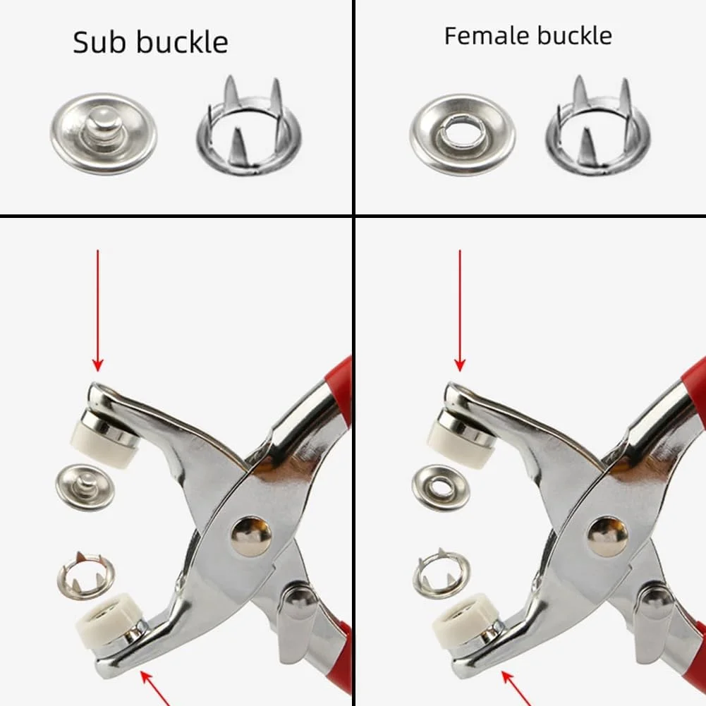 ست 100 عددی دکمه فشاری فلزی، ست دکمه فشاری به همراه انبر، ست دکمه فشاری بدون نیاز به دوخت، دکمه های فشاری فلزی، ست تعمیر دکمه، مناسب برای صنایع دستی DIY، لباس، پوشاک، کیف، به همراه موچین