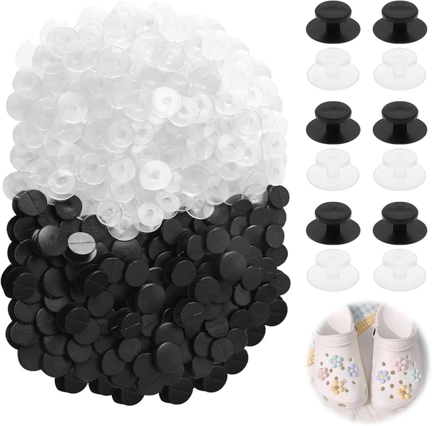 سگک دکمه پلاستیکی، 200 عدد دکمه مشکی و شفاف لوازم جانبی پشتی برای کودکان، لوازم جانبی پشتی آویز مچی برای لوازم جانبی پشتی آویز کفش DIY
