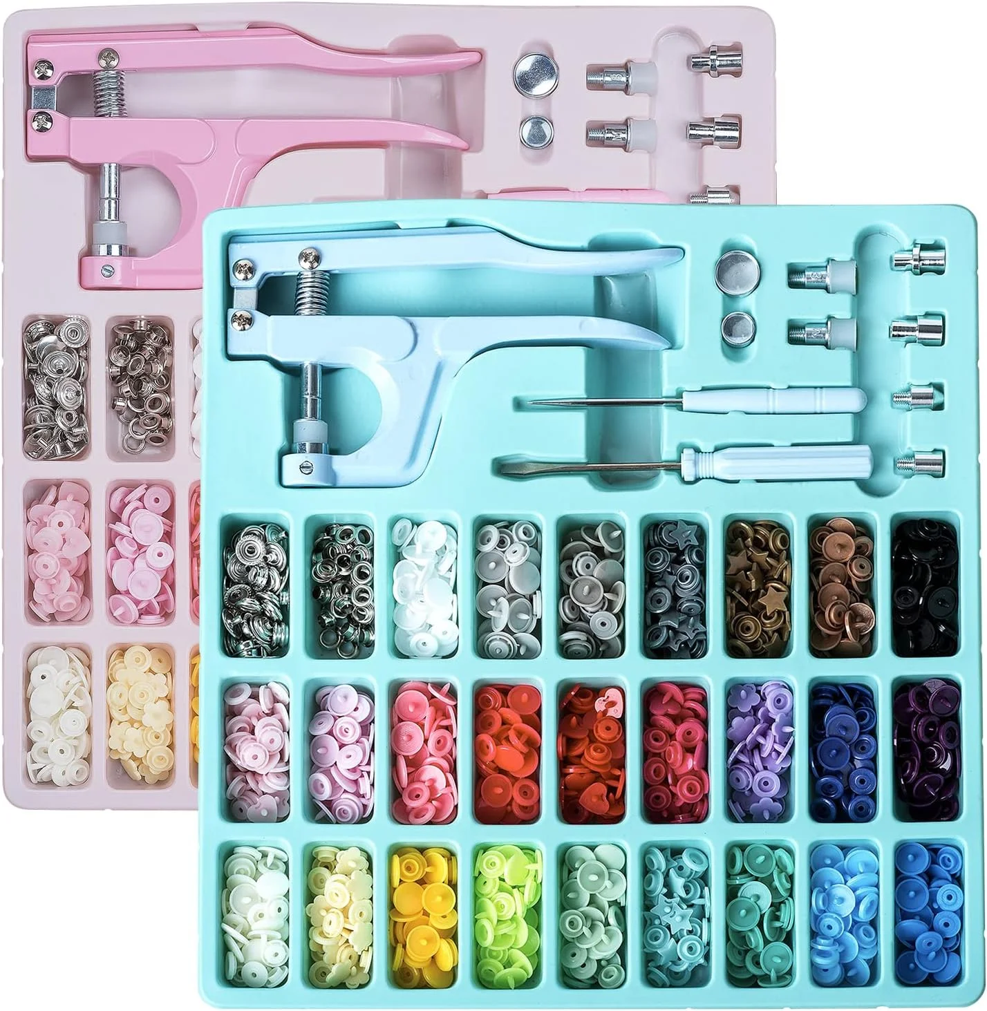 ست دکمه های فشاری پلاستیکی و فلزی با انبردست، 300 عدد دکمه فشاری پلاستیکی و فلزی برای خیاطی و کاردستی