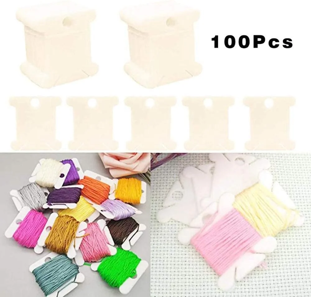 100 عدد ماسوره نخ دندان پلاستیکی با نخ پیچ و 4 برگه برچسب خالی برای نگهداری لوازم خیاطی