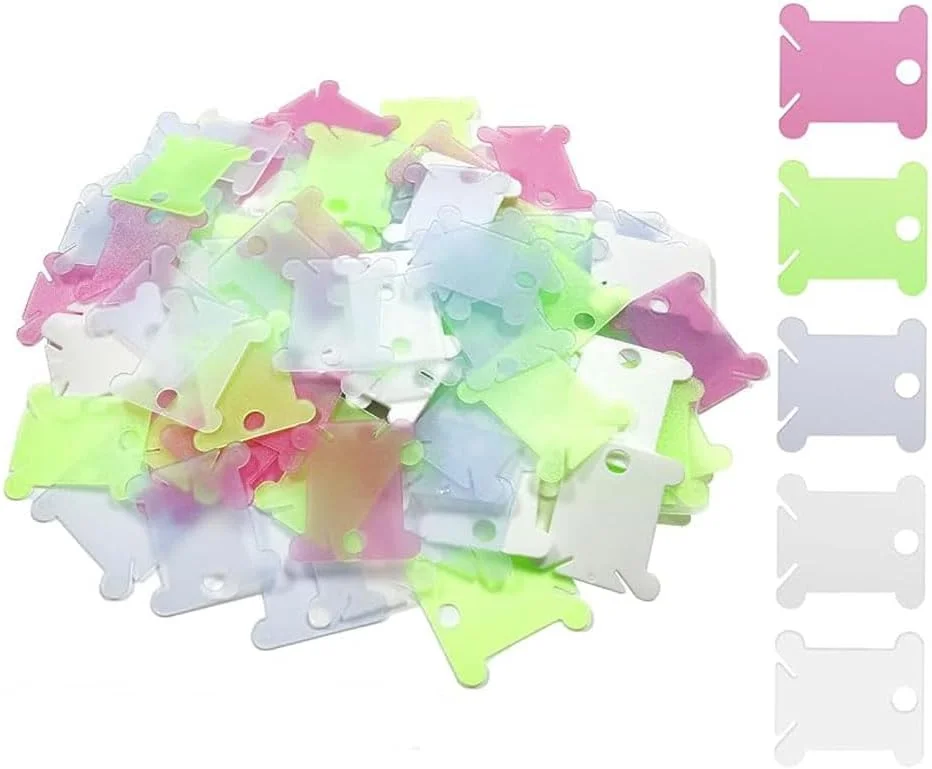 100 عدد قرقره نخ دندان پلاستیکی برای نخ پنبه ای، کاردستی، خیاطی، نگهداری، قرقره نخ گلدوزی، رنگارنگ (3.5 x 3.8 سانتی متر)