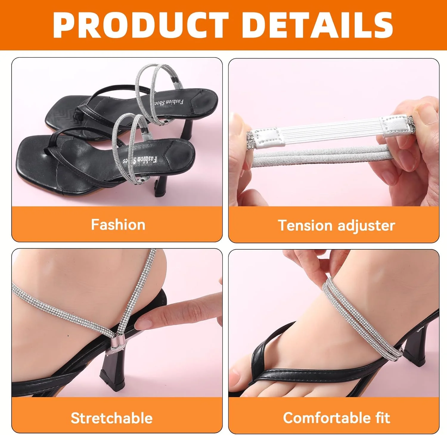 پیرییوو 2 جفت بند پاشنه، بند کمربندی کشی نگین دار ضد لغزش بند مچ پا بند کفش برای کفش های گشاد پاشنه بلند، مشکی نقره ای