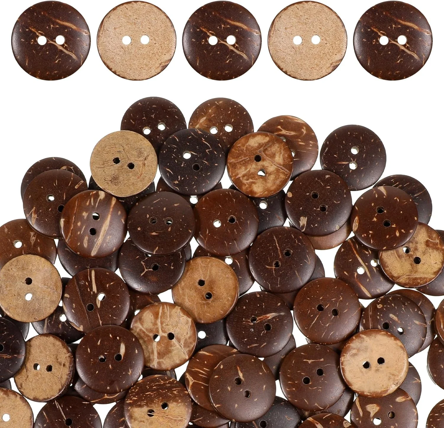 پیرییوو 100 عدد دکمه نارگیل طبیعی، دکمه های نارگیلی سایز بزرگ 3/4 اینچ برای خیاطی، دکمه های چوبی قهوه ای 2 سوراخ برای دوخت پیراهن، تزئینات صنایع دستی DIY - 20 میلی متر