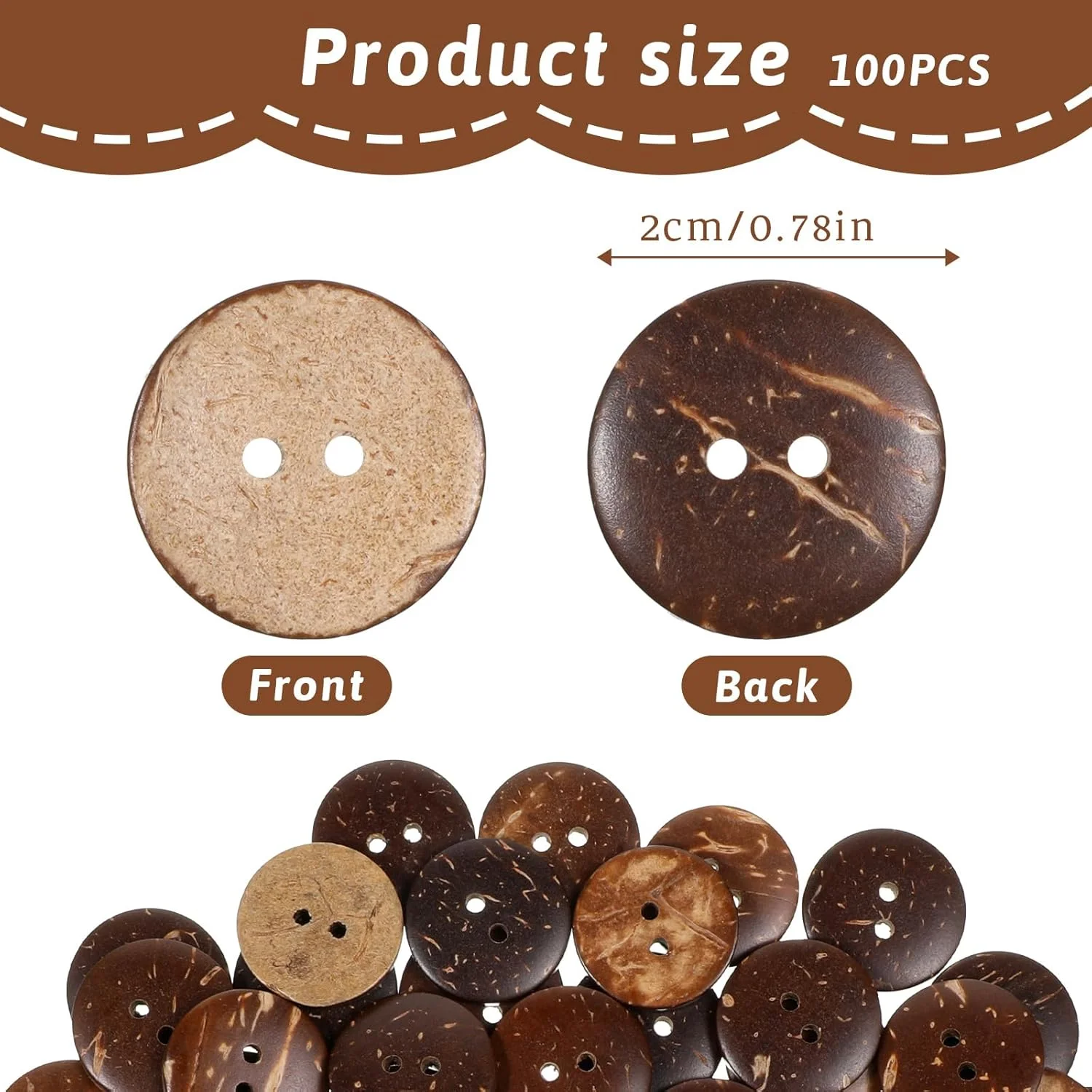 پیرییوو 100 عدد دکمه نارگیل طبیعی، دکمه های نارگیلی سایز بزرگ 3/4 اینچ برای خیاطی، دکمه های چوبی قهوه ای 2 سوراخ برای دوخت پیراهن، تزئینات صنایع دستی DIY - 20 میلی متر