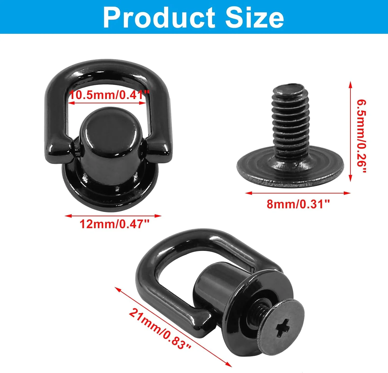 Piutouyar 12 Pcs Bright Black D Ring for Purse, Metal D Ring Stud Screw Ball Post Head Buttons Stud Screw, 360 Degree Rotatable D Rings Rivets for Wallet Shoes Stud Leather DIY Craft