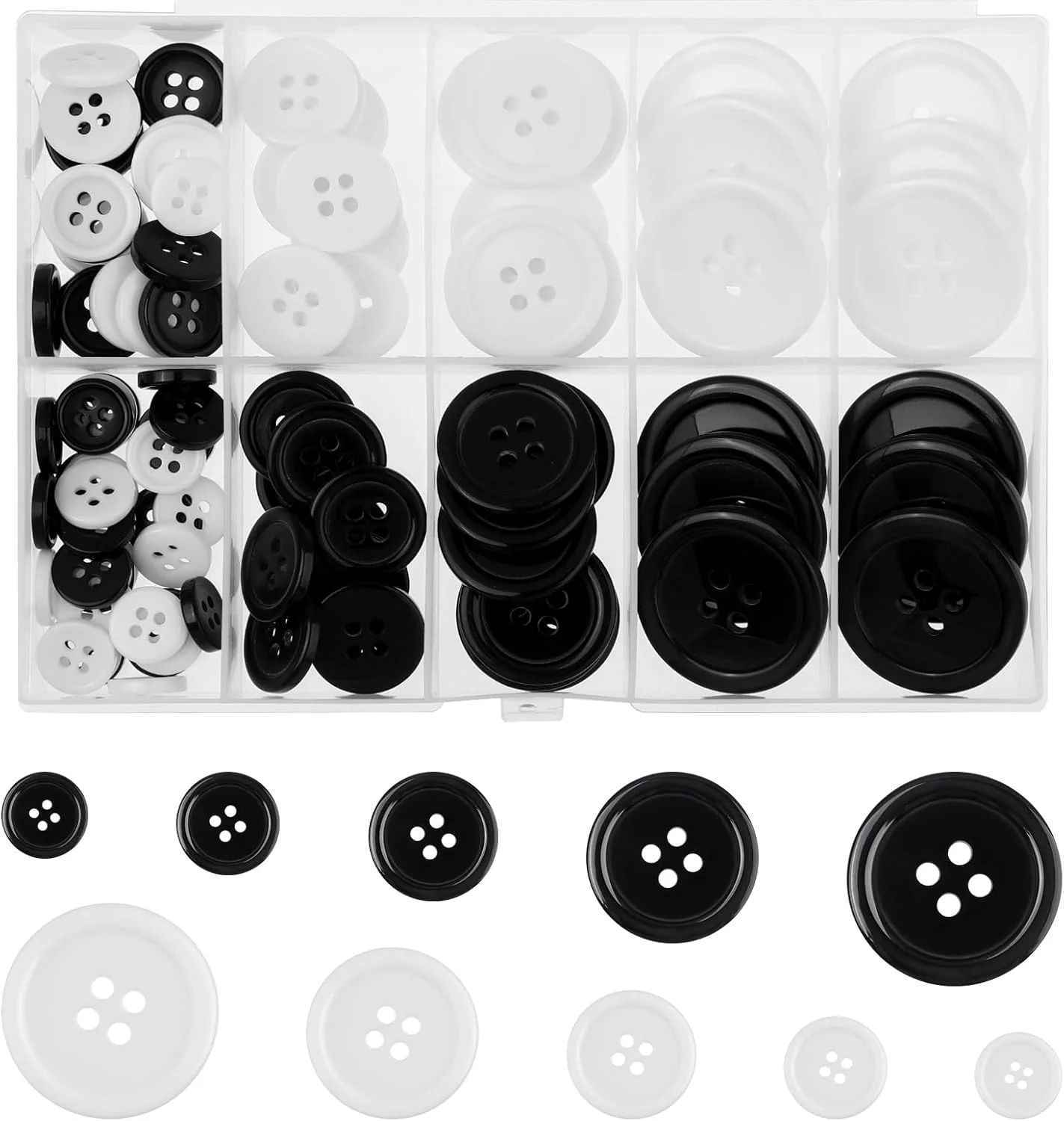 پیرییوو 100 عدد دکمه خیاطی 4 سوراخه، دکمه های صنایع دستی، دکمه های لباس، دکمه های ترکیبی سیاه و سفید، 5 سایز دکمه های متنوع برای خیاطی، پروژه های صنایع دستی DIY، تزئینات تعطیلات