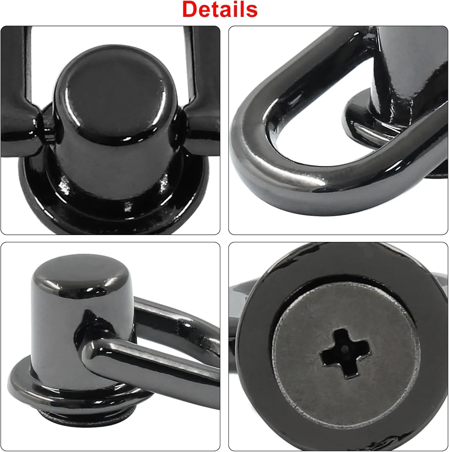 Piutouyar 12 Pcs Bright Black D Ring for Purse, Metal D Ring Stud Screw Ball Post Head Buttons Stud Screw, 360 Degree Rotatable D Rings Rivets for Wallet Shoes Stud Leather DIY Craft