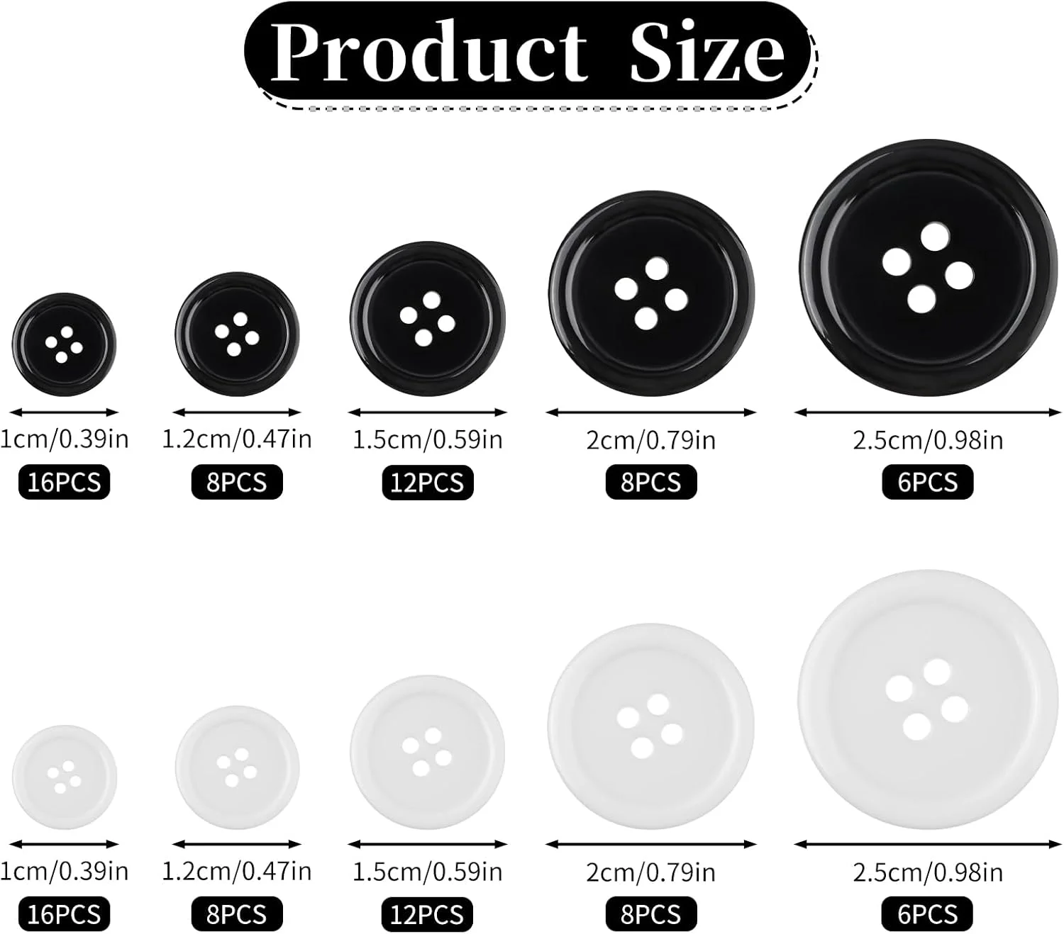 پیرییوو 100 عدد دکمه خیاطی 4 سوراخه، دکمه های صنایع دستی، دکمه های لباس، دکمه های ترکیبی سیاه و سفید، 5 سایز دکمه های متنوع برای خیاطی، پروژه های صنایع دستی DIY، تزئینات تعطیلات