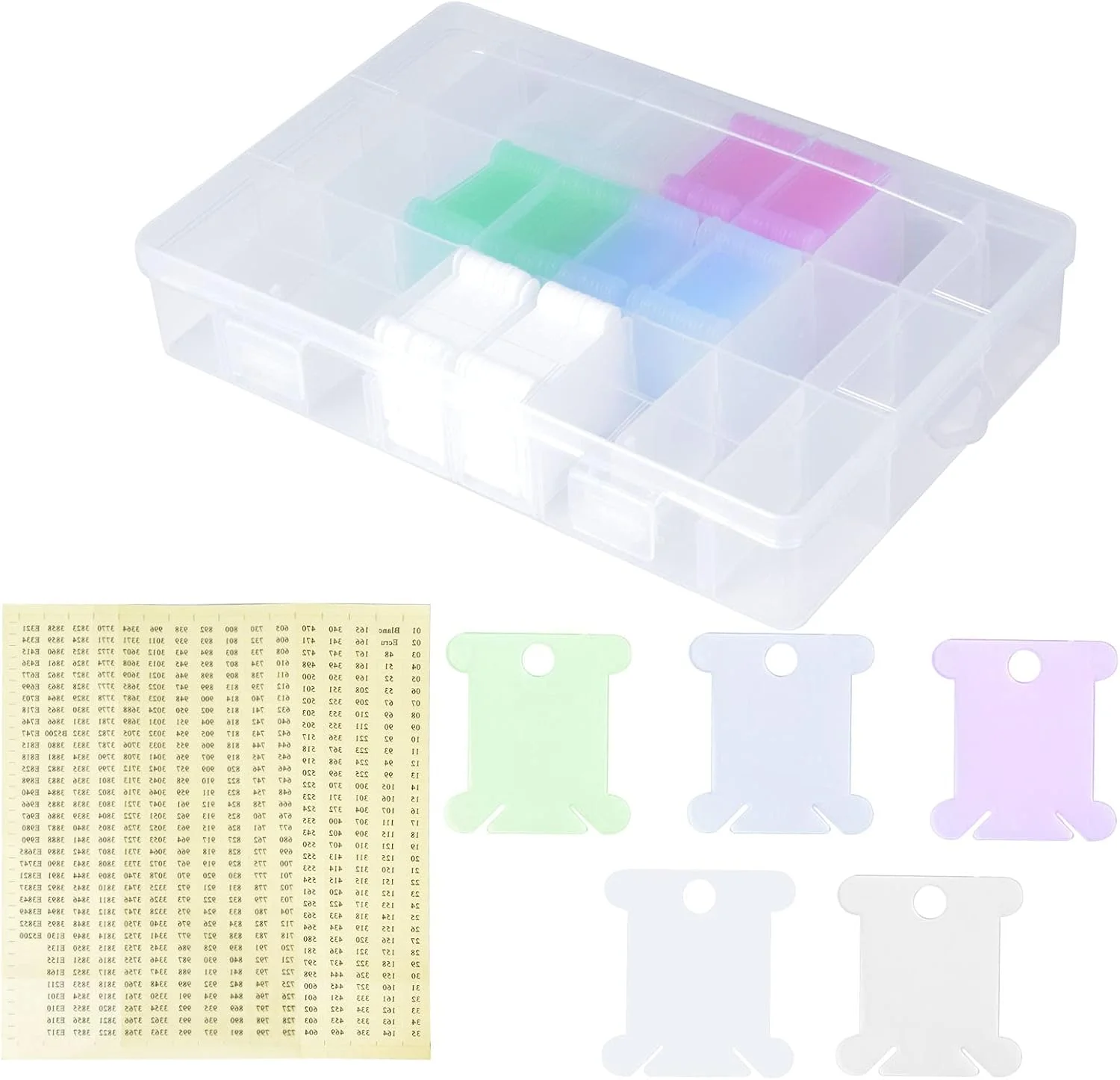 جعبه ارگانایزر نخ گلدوزی و کوک صلیبی Pinsheng با 24 خانه، شامل 150 عدد ماسوره نخ پلاستیکی سفید و 182 عدد استیکر نقطه ای خالی برای نگهداری لوازم خیاطی و DIY