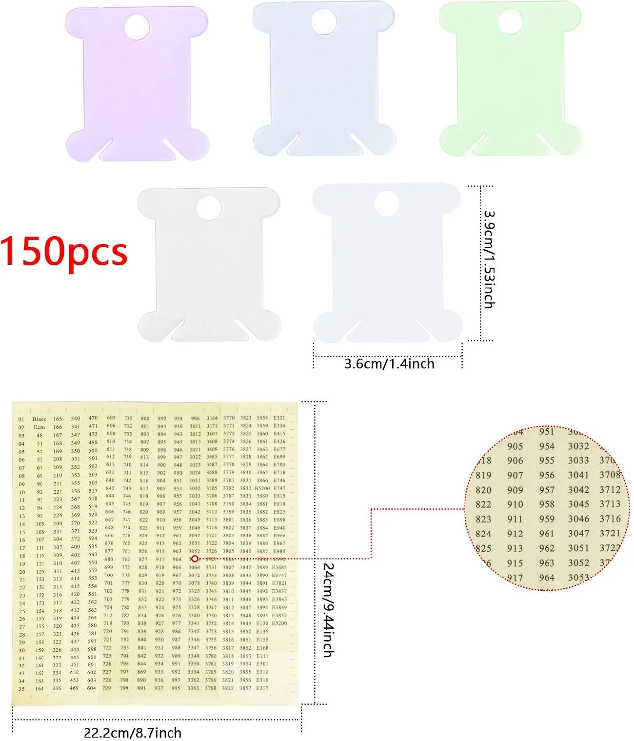 جعبه ارگانایزر نخ گلدوزی و کوک صلیبی Pinsheng با 24 خانه، شامل 150 عدد ماسوره نخ پلاستیکی سفید و 182 عدد استیکر نقطه ای خالی برای نگهداری لوازم خیاطی و DIY