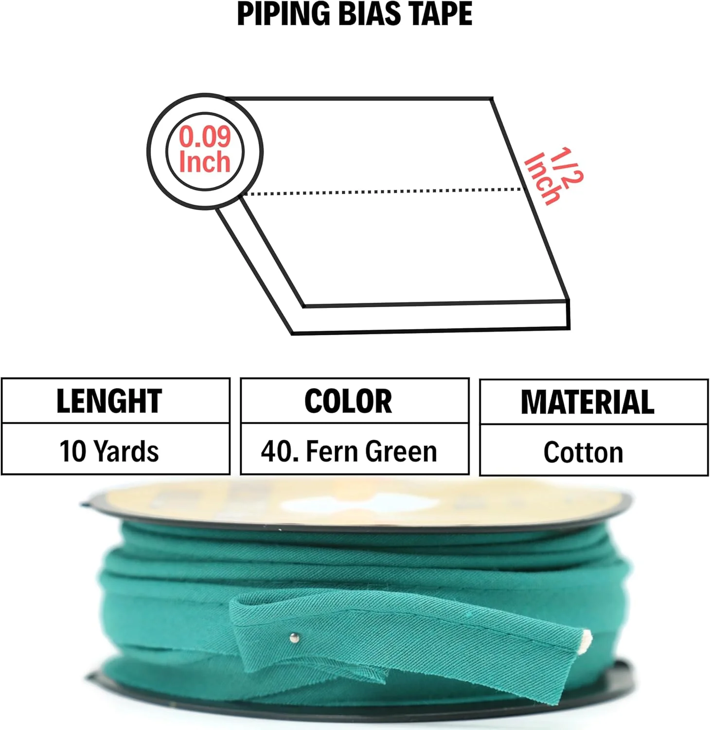 نوار اریب لبه دوزی با مغزی - 9 متر - بیش از 65 رنگ - نوار تزئینی خیاطی 1.27 سانتی متری برای روکش کوسن، دکوراسیون منزل، کاردستی، لباس - پنبه بادوام - سبز سرخس ID40