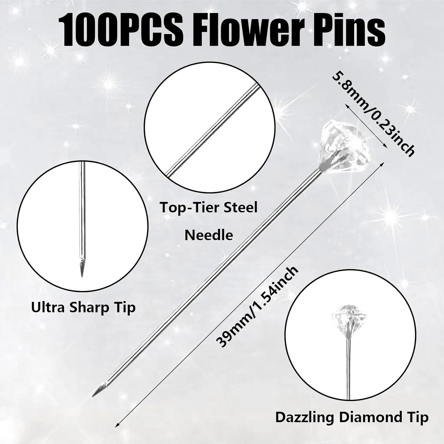 100 عدد سنجاق گل کریستالی نگین دار، سنجاق گل سر الماس اکریلیک 39 میلی متری، سنجاق دسته گل الماس شفاف درخشان، سنجاق های مستقیم بدلیجات، سنجاق گل سینه الماس برای جواهرات عروسی