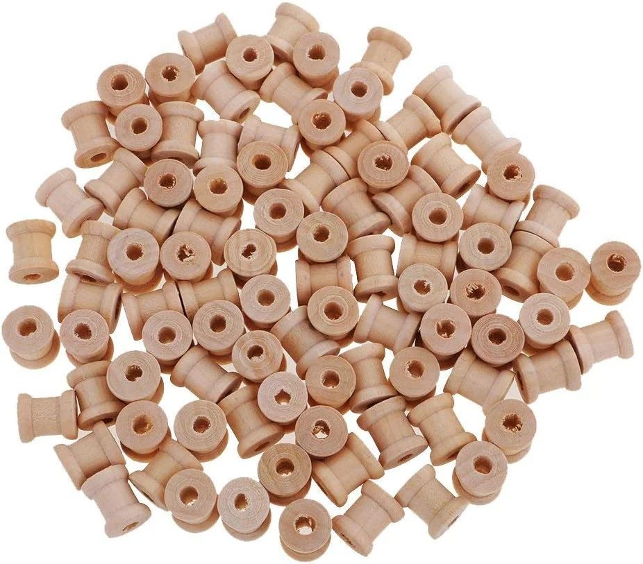 100 عدد ماسوره چوبی طبیعی قدیمی کلاسیک، قرقره های خالی نخ، مناسب برای کارهای خیاطی و نخ دندان، 14x12 میلی متر