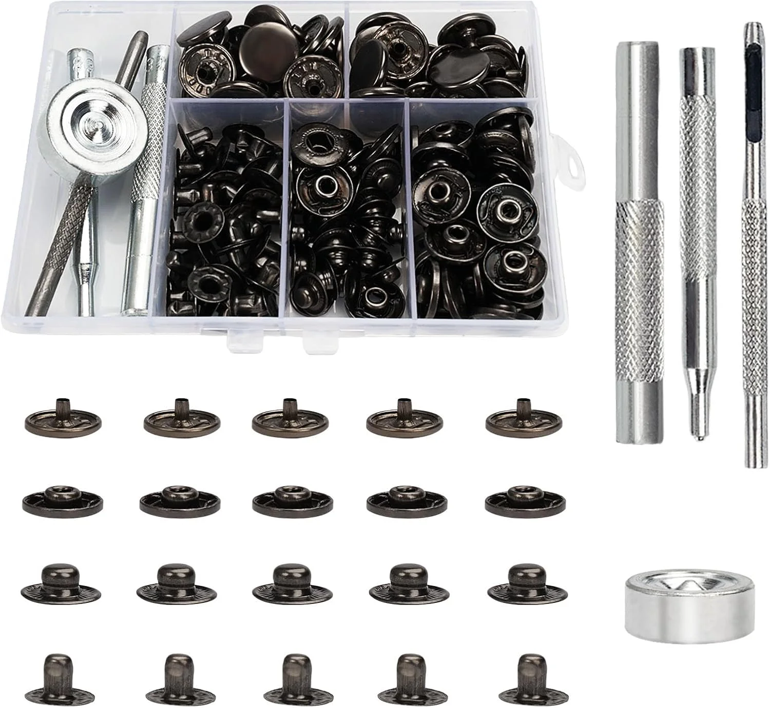 مجموعه 40 عددی دکمه فشاری استیل ضد زنگ، کلاهک فشاری 15 میلی متری به همراه انبردست و 3 ابزار برای لباس، دستبند، ژاکت، کیف و کارهای DIY