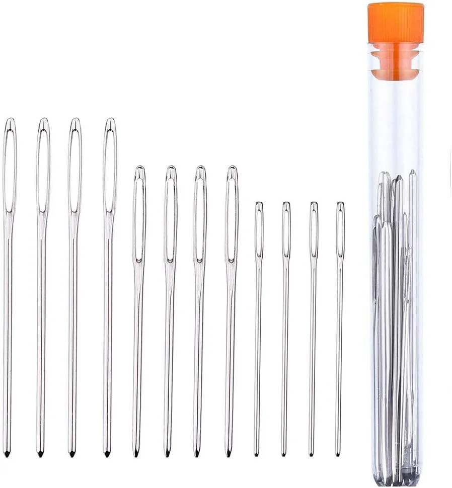 ۱۲ عدد سوزن کند نوک، سوزن های چشم بزرگ، سوزن های بافتنی فولادی، ابزار خیاطی با بطری شفاف، ۳ سایز شیک