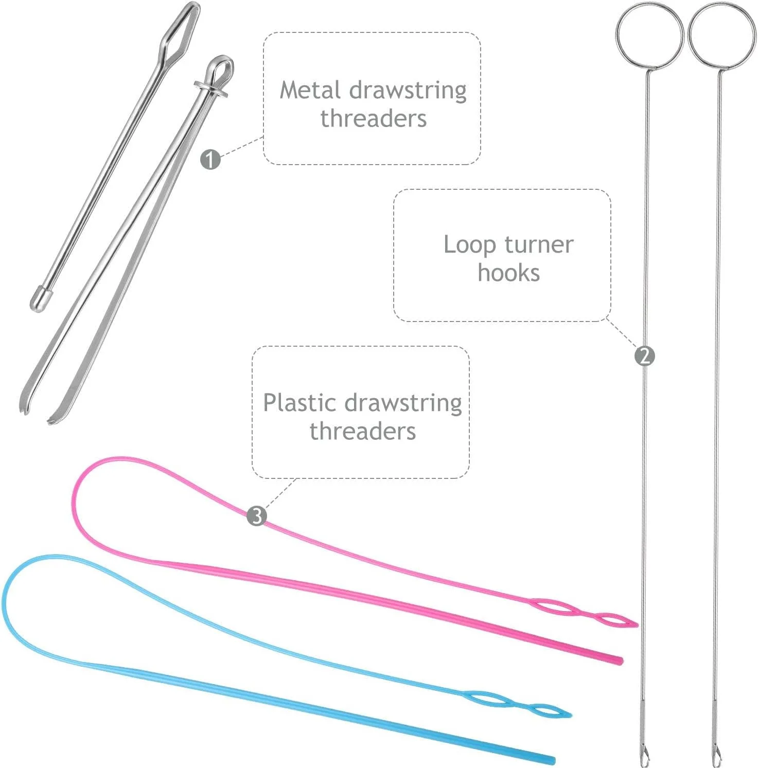 ست 6 عددی ابزار حلقه دوزی، شامل قلاب برگردان حلقه، نخ کش انعطاف پذیر، موچین فلزی و ابزار بلند برگردان حلقه با قفل