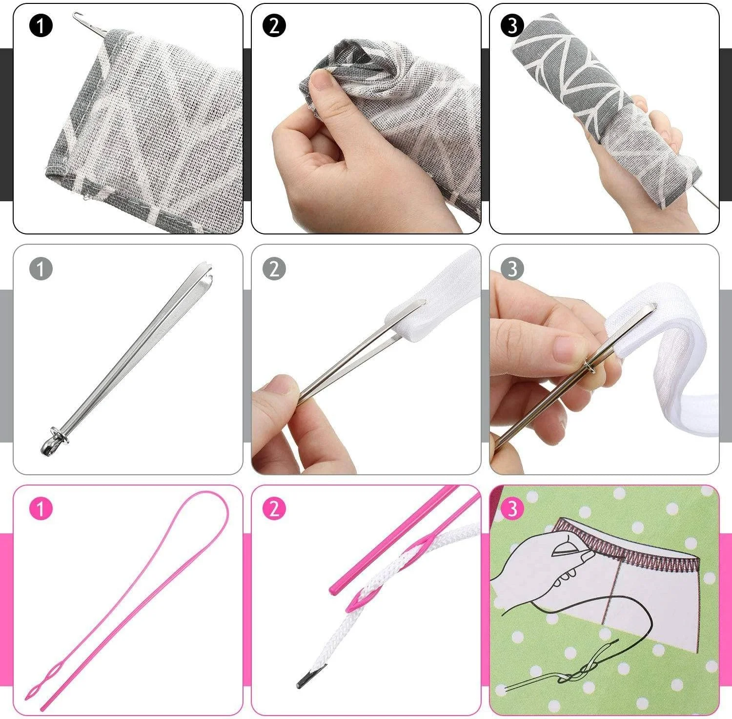 ست 6 عددی ابزار حلقه دوزی، شامل قلاب برگردان حلقه، نخ کش انعطاف پذیر، موچین فلزی و ابزار بلند برگردان حلقه با قفل