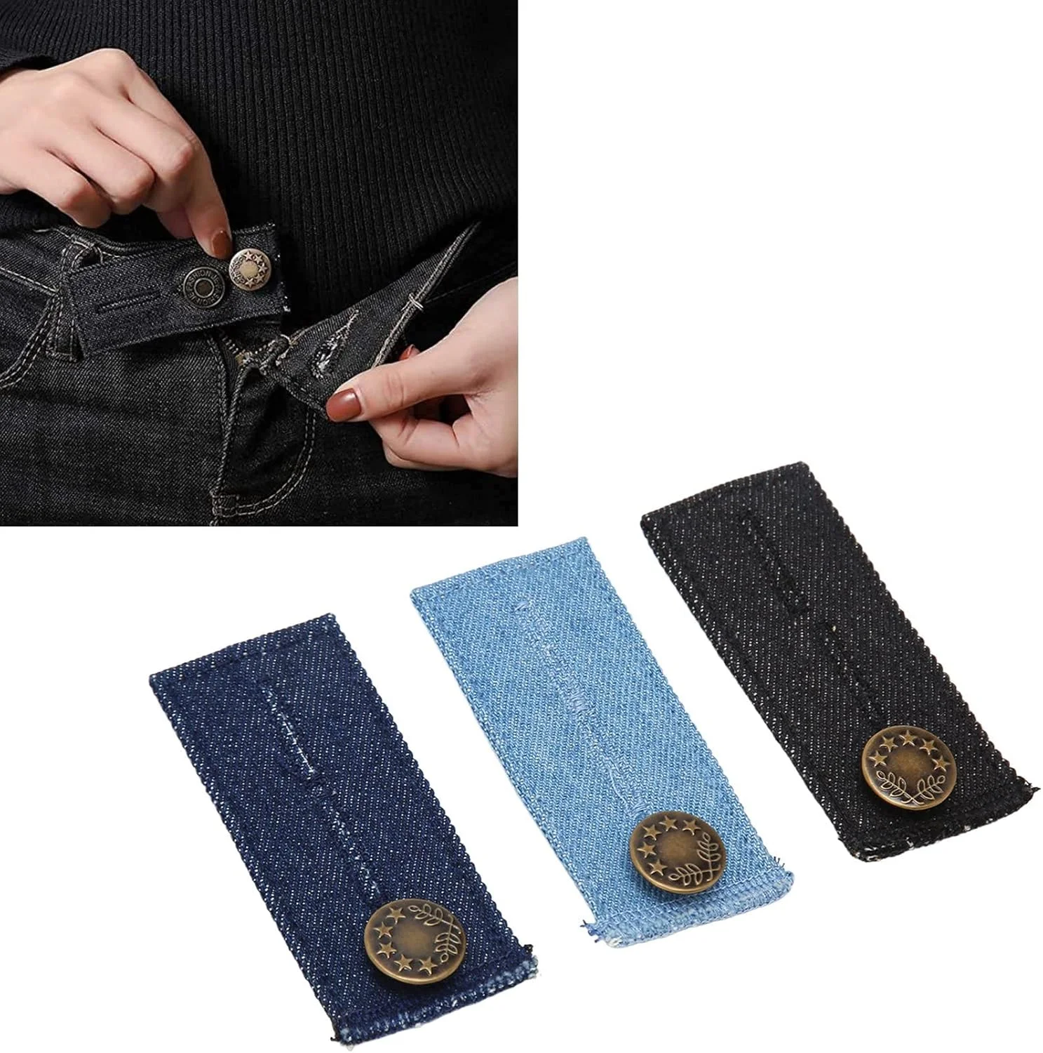 ست 3 عددی دکمه افزایش سایز کمر شلوار، فلزی با روکش کتان، استفاده آسان برای شلوار و لباس