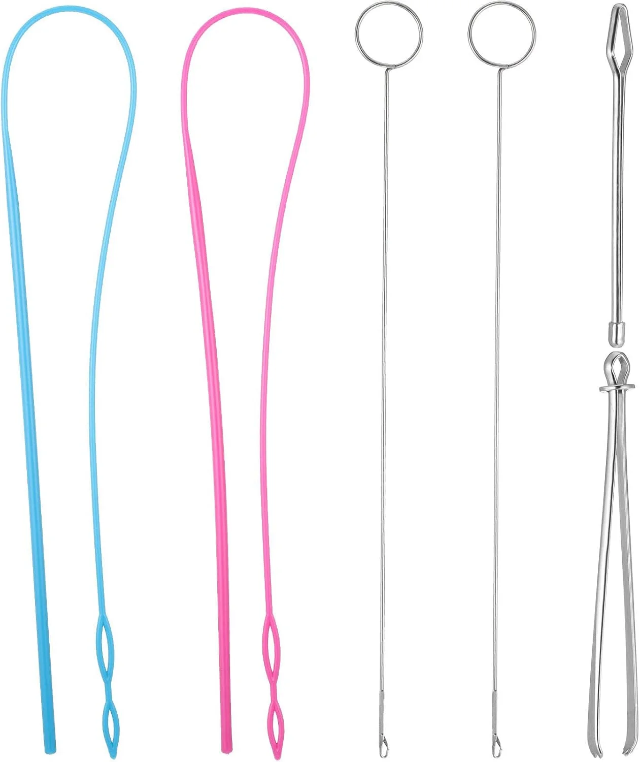 ست 6 عددی ابزار حلقه دوزی، شامل قلاب برگردان حلقه، نخ کش انعطاف پذیر، موچین فلزی و ابزار بلند برگردان حلقه با قفل