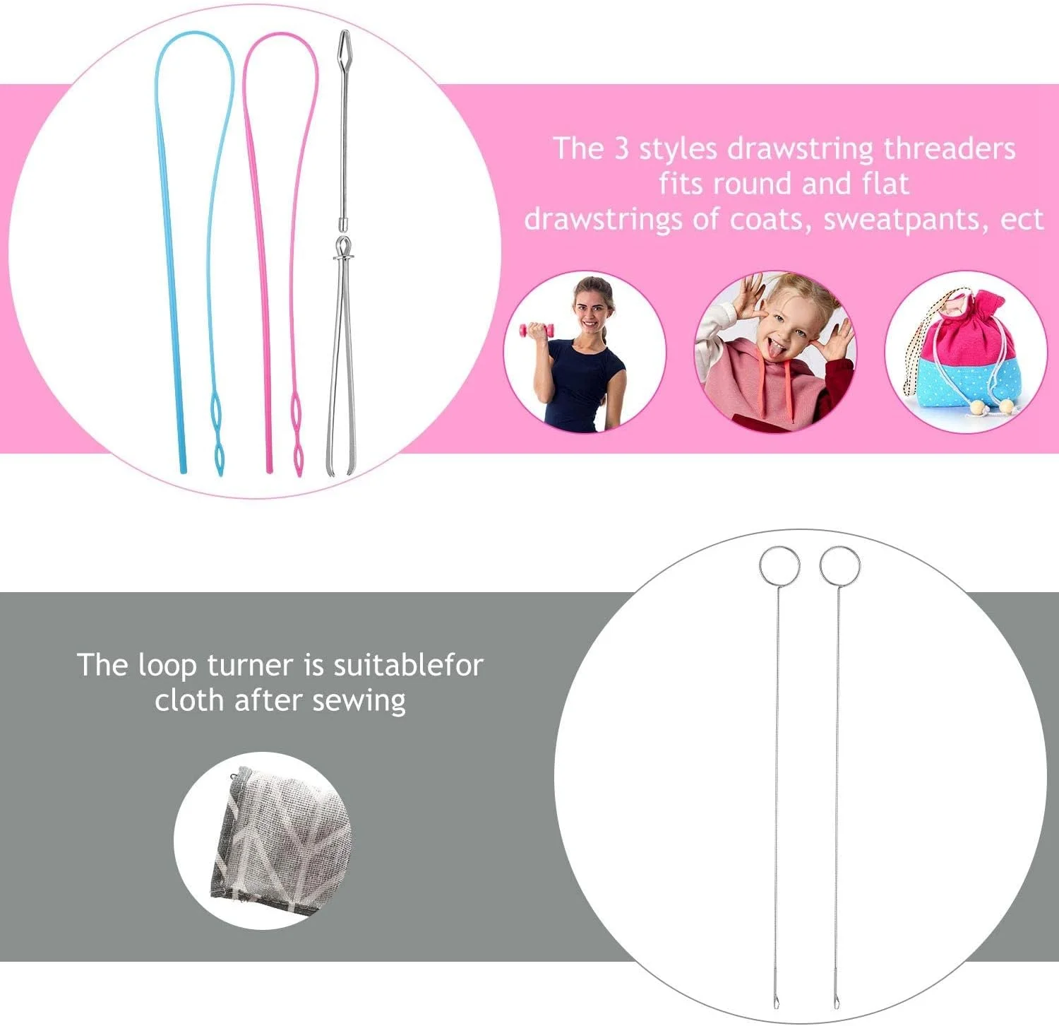 ست 6 عددی ابزار حلقه دوزی، شامل قلاب برگردان حلقه، نخ کش انعطاف پذیر، موچین فلزی و ابزار بلند برگردان حلقه با قفل