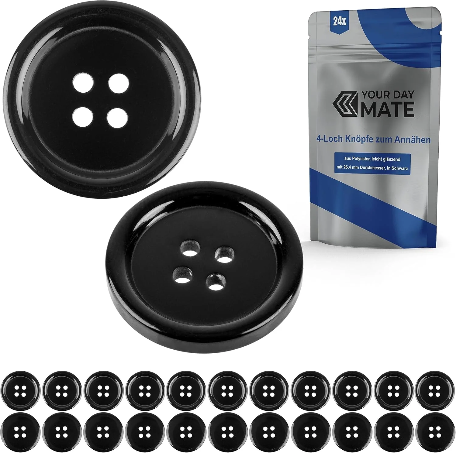 دکمه رزینی مشکی 24 عددی با 4 سوراخ، قطر 25.4 میلی متر، سایز 40L، جنس پلی استر، مناسب برای کت، پالتو، پیراهن، پولوشرت، دکمه های لباسشویی رزینی، دکمه پایه، دکمه های صنایع دستی