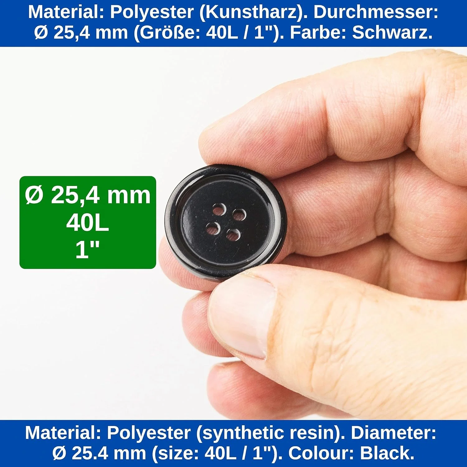 دکمه رزینی مشکی 24 عددی با 4 سوراخ، قطر 25.4 میلی متر، سایز 40L، جنس پلی استر، مناسب برای کت، پالتو، پیراهن، پولوشرت، دکمه های لباسشویی رزینی، دکمه پایه، دکمه های صنایع دستی