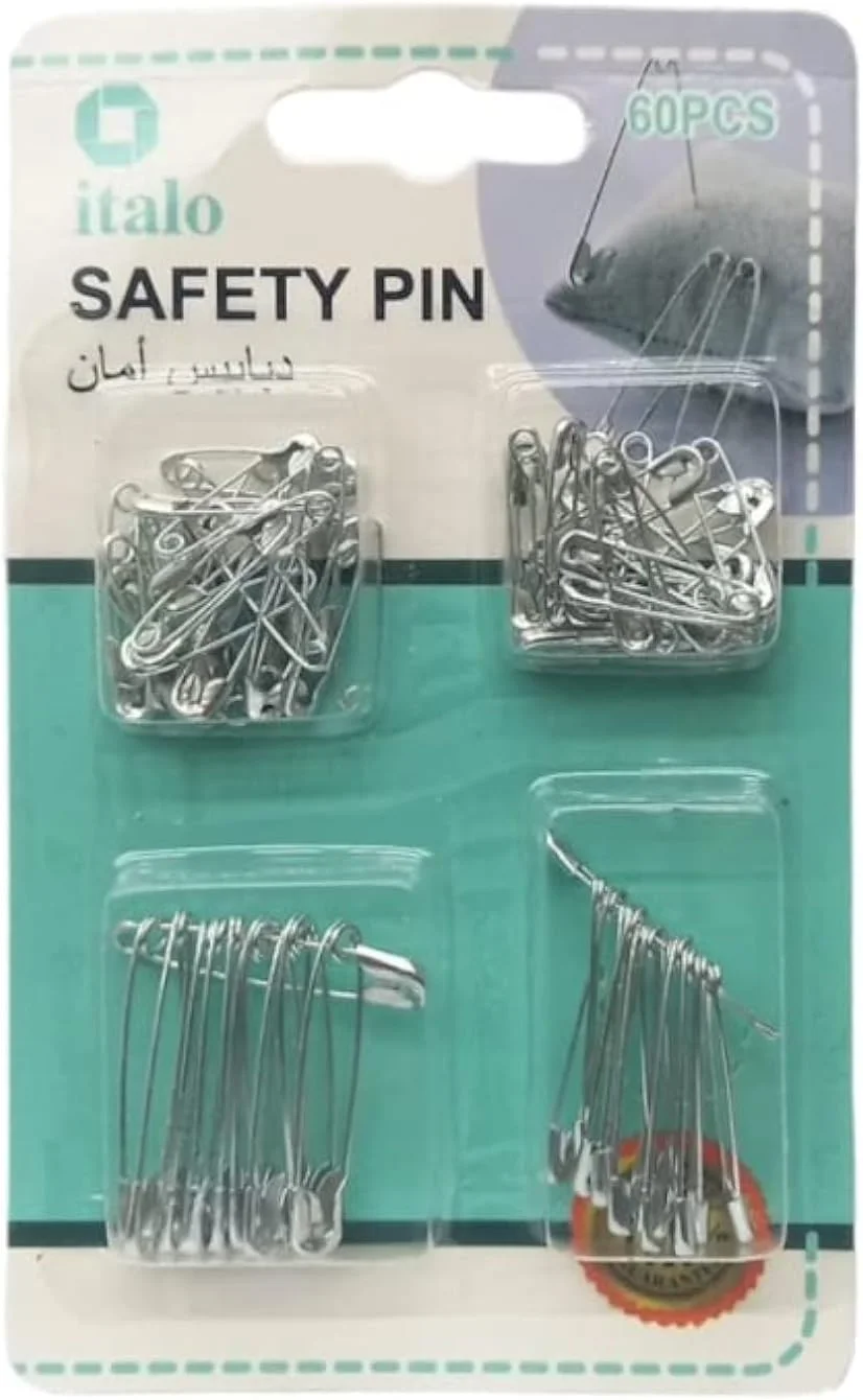 مجموعه 60 عددی سنجاق قفلی در سایزهای مختلف، رنگ نقره ای، کاربرد عمومی