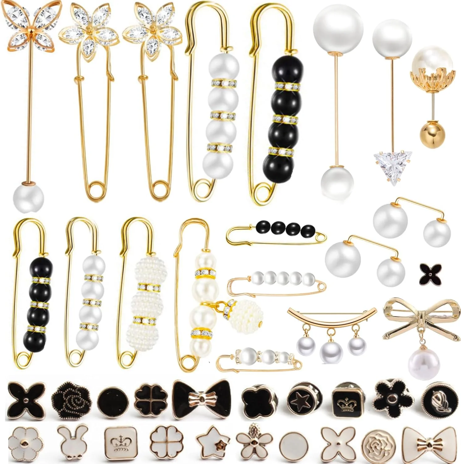 ست 40 عددی سنجاق سینه مرواریدی، سنجاق قفلی پیراهن زنانه و دکمه های پوشاننده مروارید مصنوعی برای لباس های صنایع دستی