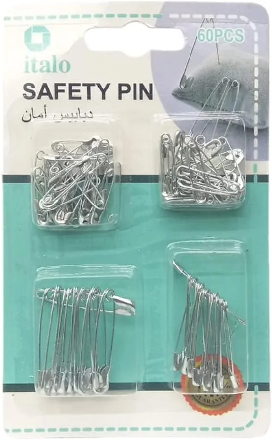 مجموعه 60 عددی سنجاق قفلی در سایزهای مختلف، رنگ نقره ای، کاربرد عمومی