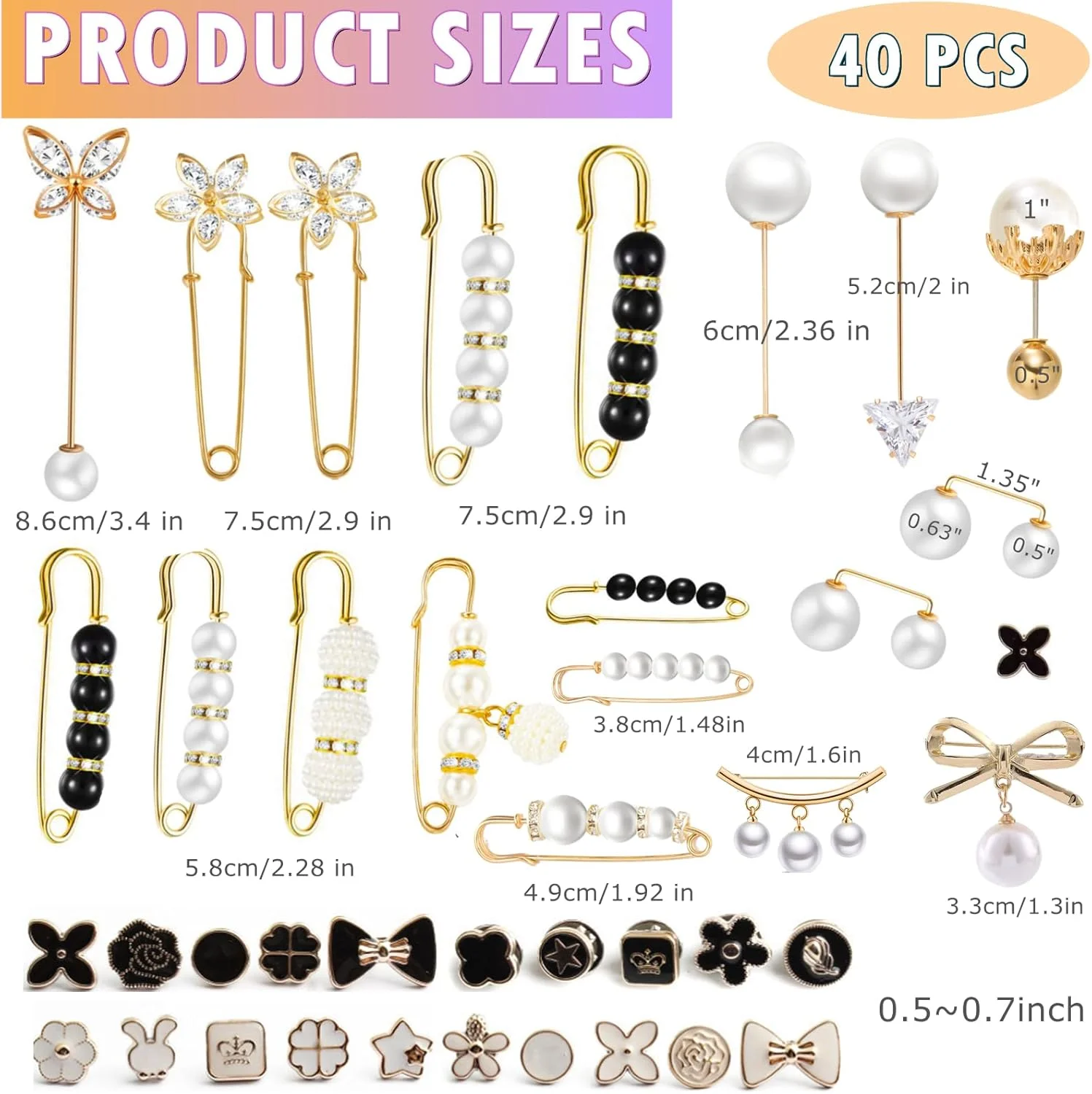 ست 40 عددی سنجاق سینه مرواریدی، سنجاق قفلی پیراهن زنانه و دکمه های پوشاننده مروارید مصنوعی برای لباس های صنایع دستی