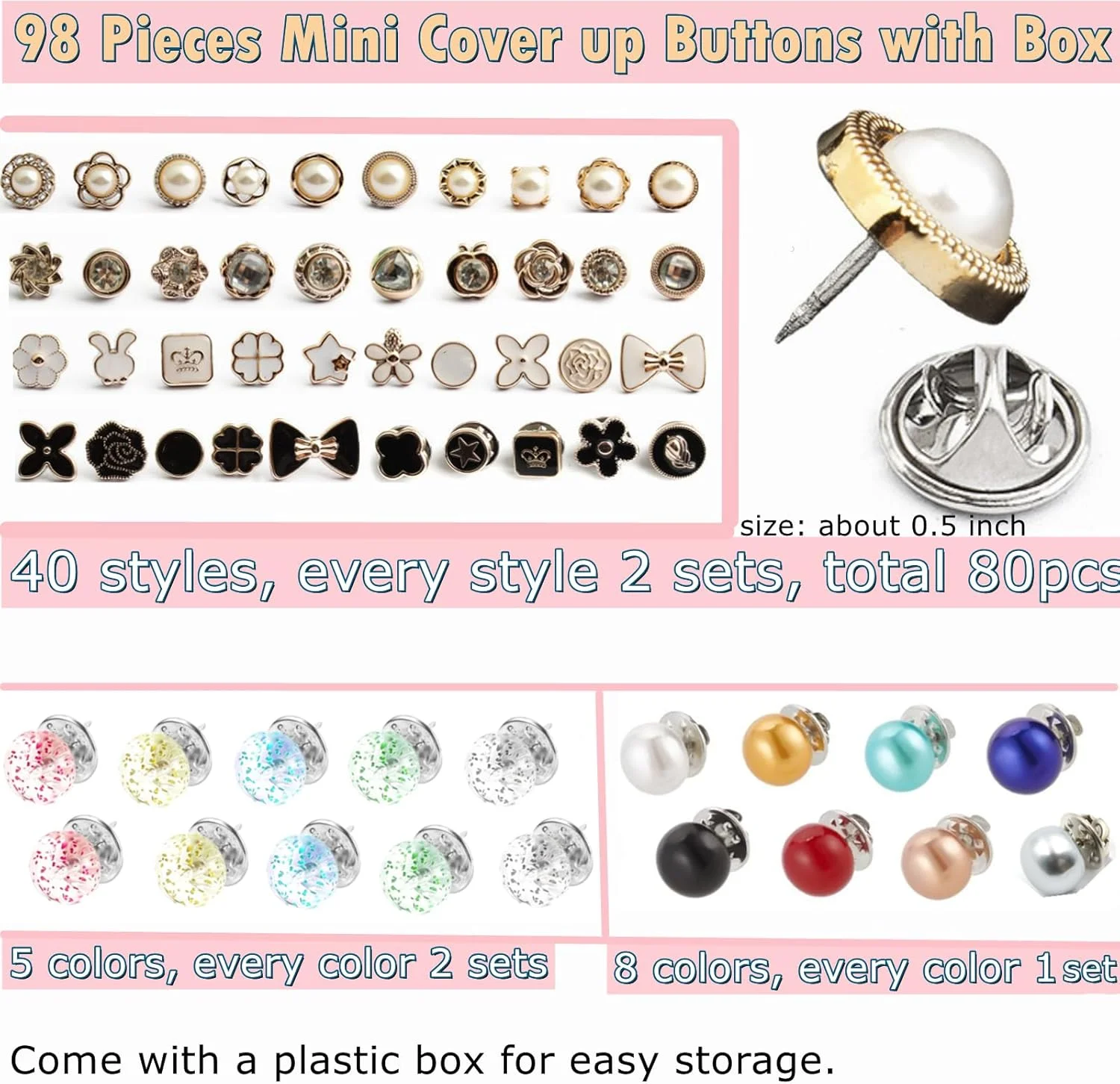 98 عدد سنجاق سینه مرواریدی، دکمه های کوچک پوشاننده سنجاق قفلی مرواریدی با جعبه برای بستن شلوار لباس بلوز زنانه