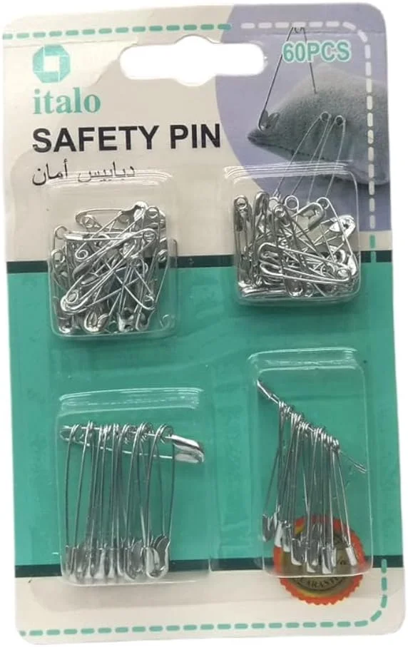 مجموعه 60 عددی سنجاق قفلی در سایزهای مختلف، رنگ نقره ای، کاربرد عمومی
