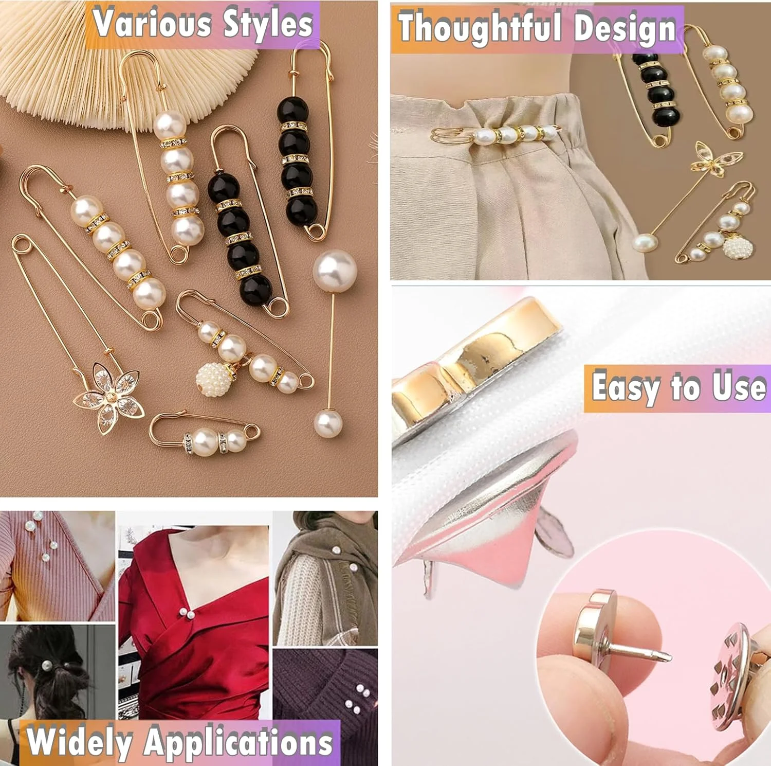 ست 40 عددی سنجاق سینه مرواریدی، سنجاق قفلی پیراهن زنانه و دکمه های پوشاننده مروارید مصنوعی برای لباس های صنایع دستی