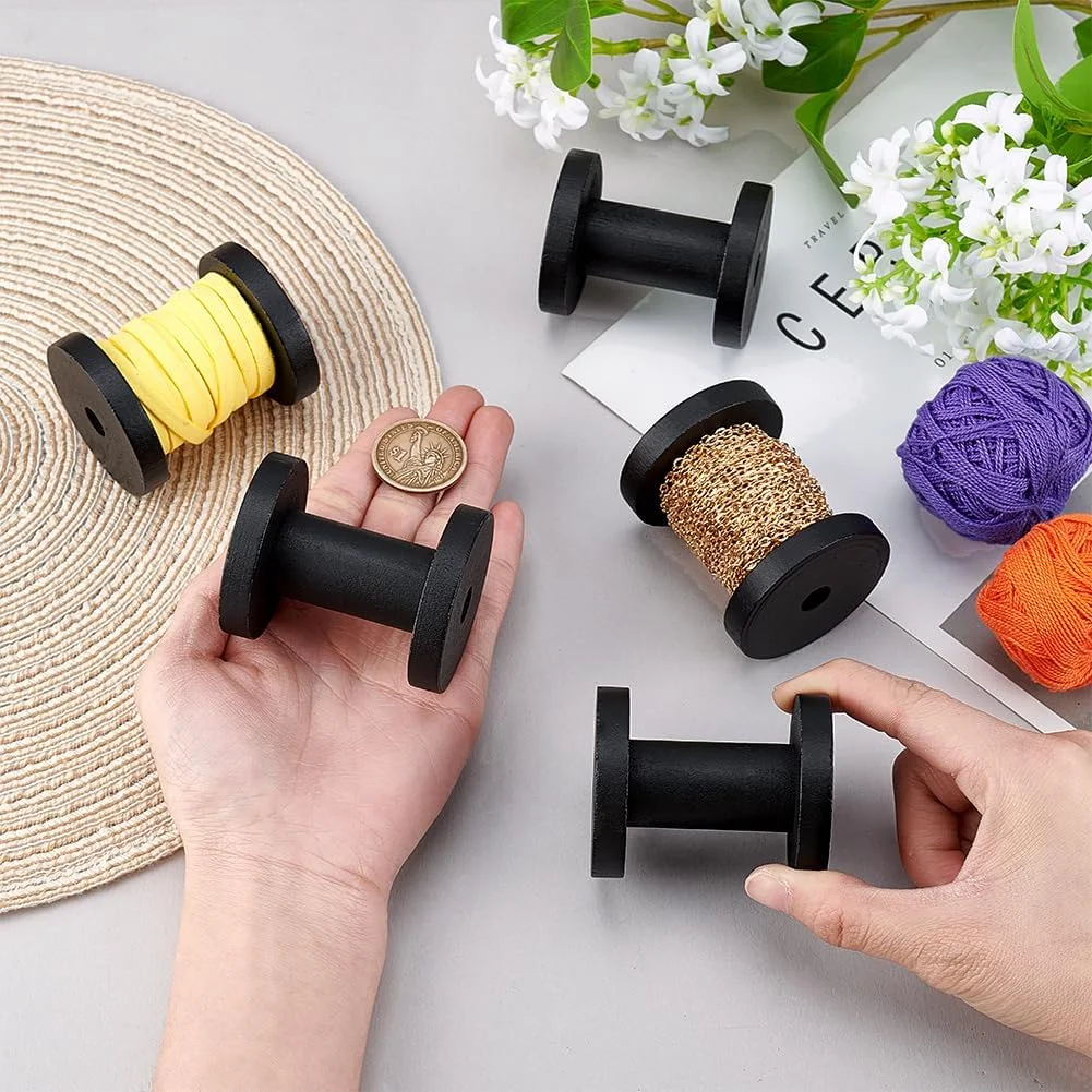 PH PandaHall 6 عدد ماسوره خالی چوبی، سازمان دهنده نخ، قرقره پیچ، نگهدارنده نخ دندان، ماسوره چوبی برای ماشین های خیاطی، پروژه گلدوزی، قلاب بافی، کاردستی، 5.8x5 سانتی متر، مشکی