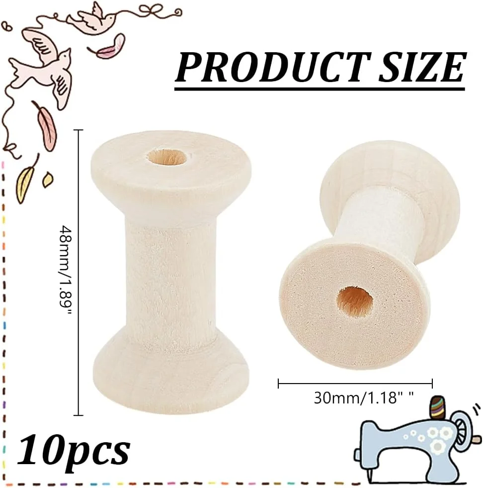 PH PandaHall 10 عدد ماسوره نخ چوبی خالی، ماسوره چوبی قدیمی، ماسوره نخ دوزی چوبی، ماسوره چوبی برای بافت سیم پارچه ای، روبان، نخ، طناب، رنگ چوب روشن 5 سانتی متر