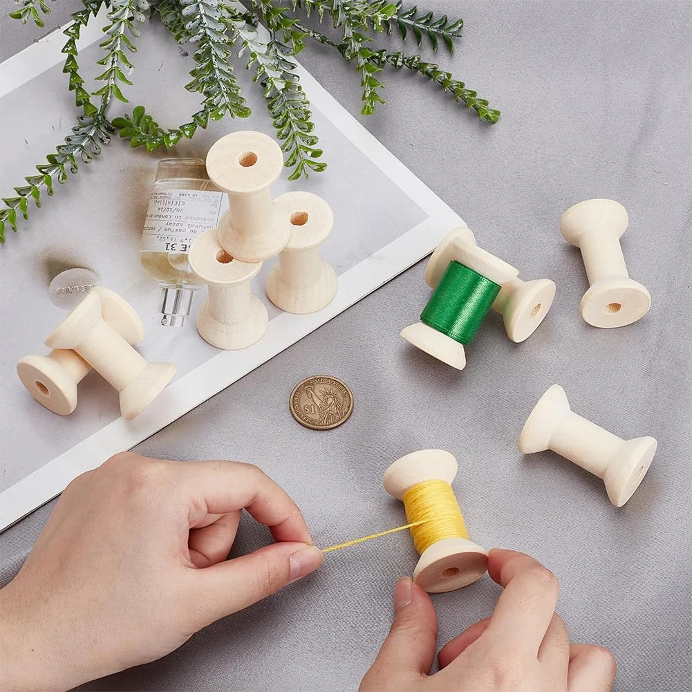 PH PandaHall 10 عدد ماسوره نخ چوبی خالی، ماسوره چوبی قدیمی، ماسوره نخ دوزی چوبی، ماسوره چوبی برای بافت سیم پارچه ای، روبان، نخ، طناب، رنگ چوب روشن 5 سانتی متر