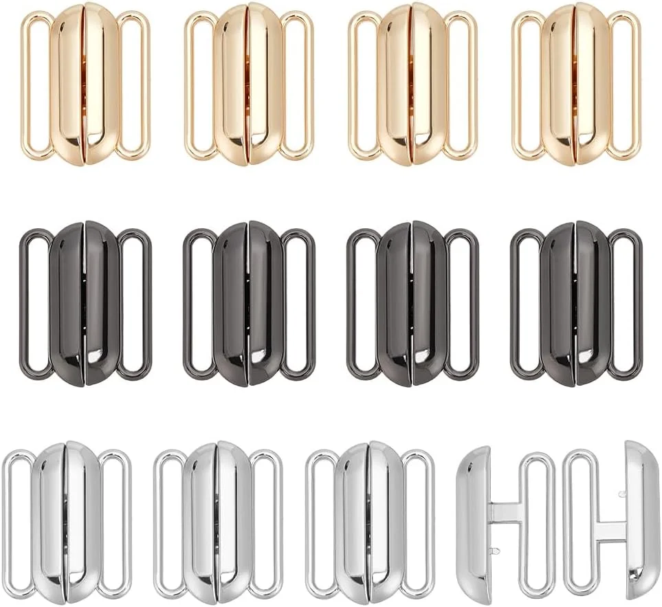 PH PandaHall 12 ست گیره بیکینی جلوباز در 3 رنگ، گیره فشاری 2.5 سانتی متری، گیره سوتین آلیاژی، گیره لباس زیر، سگک سوتین برای لباس زیر و مایو، طلایی/پلاتینیوم/فلز تفنگی
